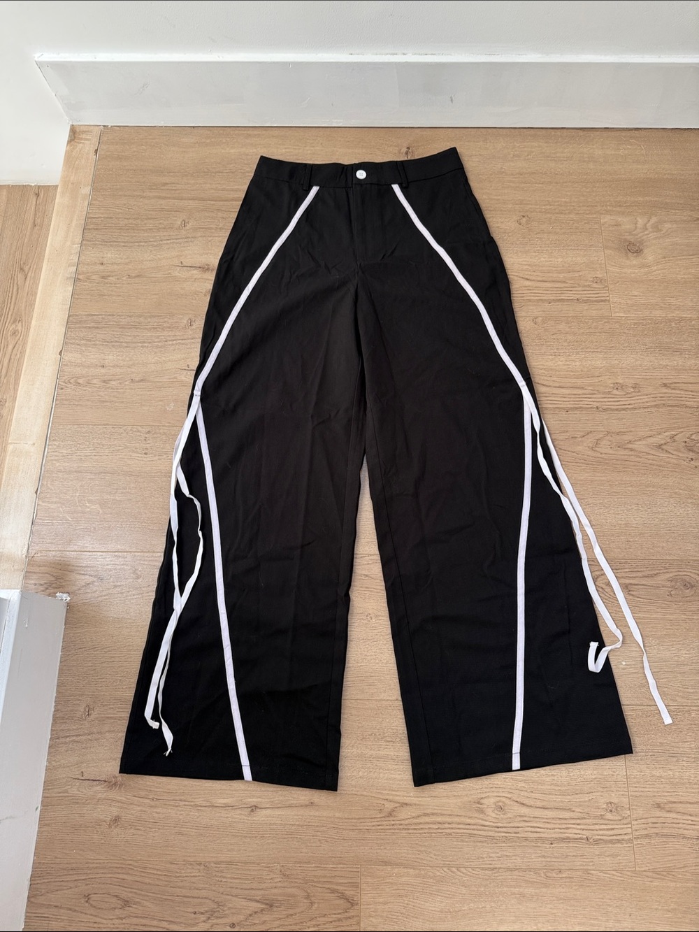 Black Wide-Leg Pants with White Stripe Trim
